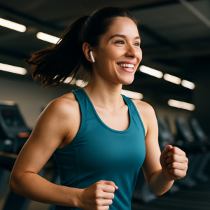 The image is of a happy woman working out