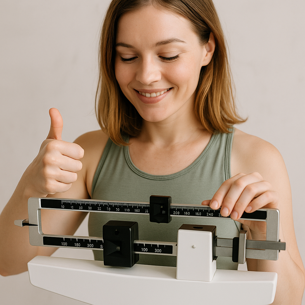 Smiling woman in a green tank top giving a thumbs up while standing on a mechanical balance beam scale, appearing happy with her weight progress.