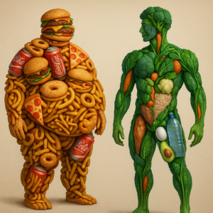 Image is of an obese man made up of unhealthy food next to a healthy man made up of healthy food