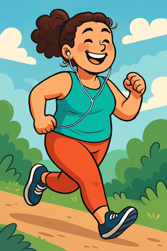 It's a cartoon of a woman running while smiling and wearing headphones.