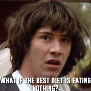 Meme of a wide-eyed, bewildered teen staring ahead with text along the bottom that reads, “WHAT IF THE BEST DIET IS EATING NOTHING?”—implying an absurd, misguided weight-loss idea.