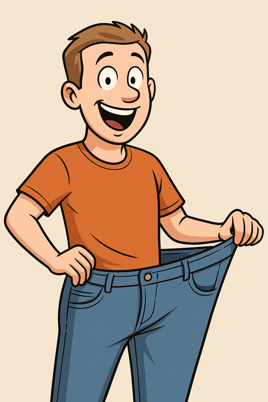 Cartoon illustration of a smiling man holding out the waistband of oversized pants to show weight loss progress.