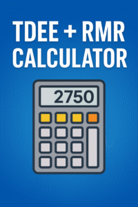 A clean, 2D digital graphic design with a blue background featuring bold white text that reads “TDEE + RMR Calculator.” The design includes modern fitness-themed icons, such as a heart rate symbol and a measuring tape, giving it a professional and health-focused appearance.