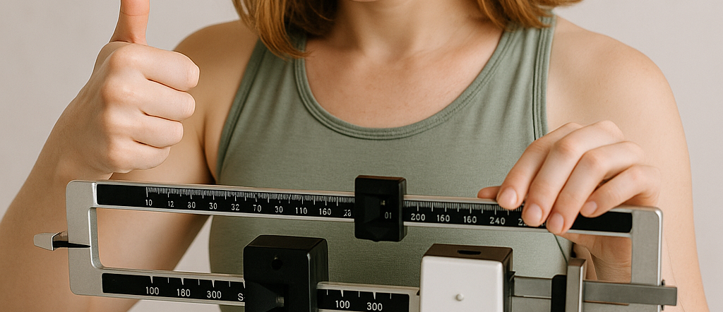 Woman in a green tank top giving a thumbs-up while adjusting the weight on a physician's scale, celebrating progress in her weight-loss journey.