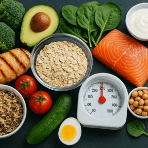 A colorful assortment of healthy whole foods including fruits, vegetables, whole grains, lean proteins, nuts, and seeds, symbolizing nutrient-rich calories for a balanced diet.