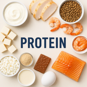 Flat lay of assorted protein sources around the word ‘PROTEIN’ in bold navy letters, including Greek yogurt, chicken breast slices, lentils, shrimp, salmon fillet, tofu cubes, cottage cheese, protein powder, protein bar, egg, and a protein shake, on a light background.