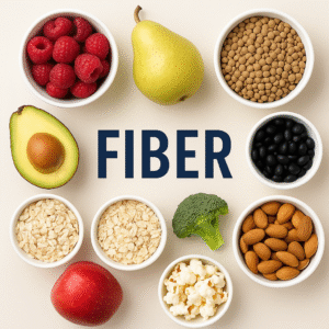 Flat lay of assorted high-fiber foods around the word ‘FIBER’ in bold navy letters, including raspberries, pear, lentils, black beans, avocado, oats, broccoli, almonds, apple, and popcorn, on a light background.