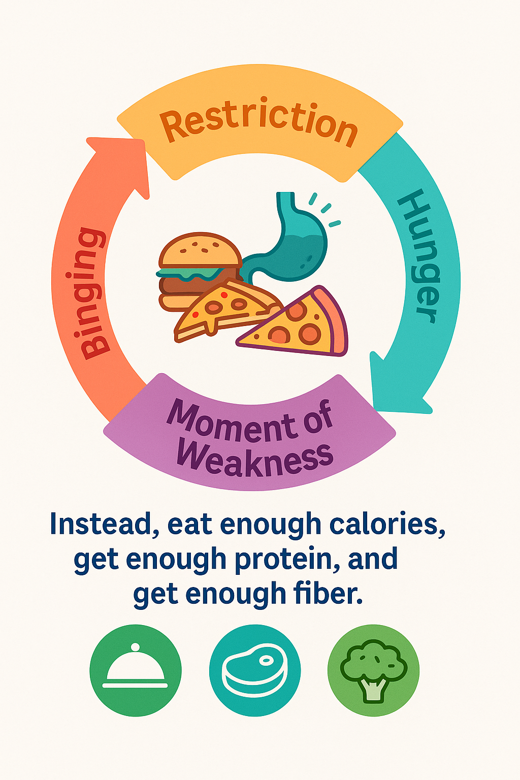 A colorful circular diagram illustrating the binge–restriction cycle. Arrows move from “Restriction” to “Hunger” to “Moment of Weakness” to “Binging,” each with matching bright colors. In the center are illustrations of pizza and a burger. Below the circle, text reads: “Instead, eat enough calories, get enough protein, and get enough fiber.” Three icons underneath represent a plate, a piece of meat, and broccoli to symbolize balanced nutrition.