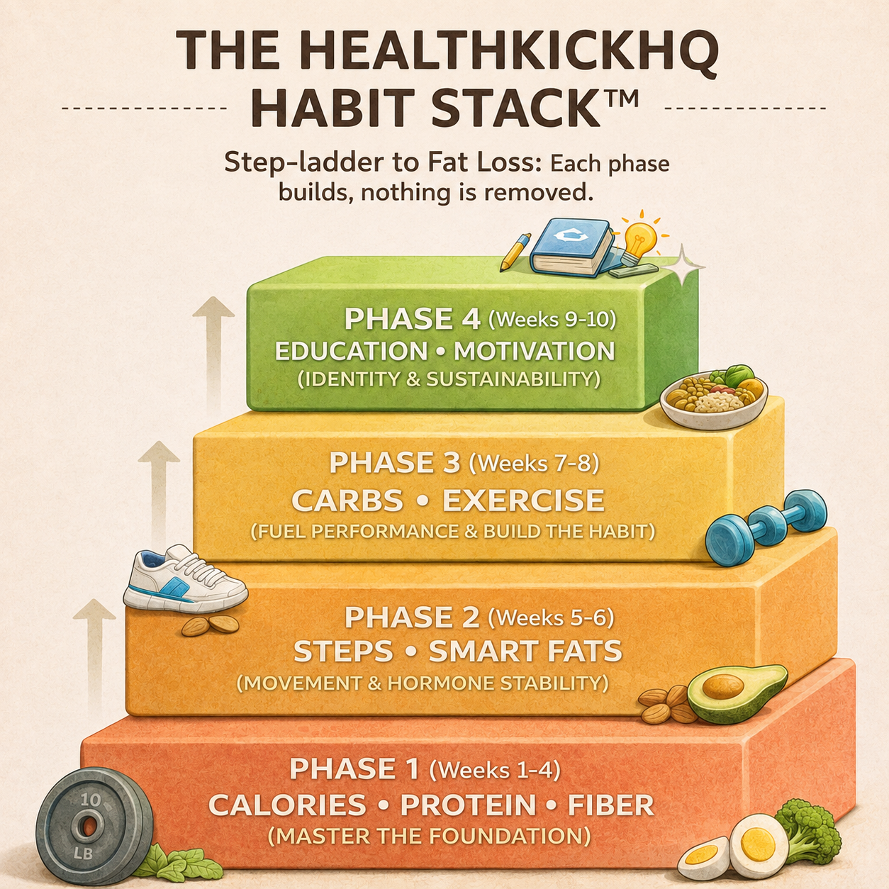 Infographic titled “The HealthKickHQ Habit Stack” showing a four-phase step-ladder to fat loss: Phase 1 calories, protein, and fiber; Phase 2 steps and smart fats; Phase 3 carbs and exercise; Phase 4 education and motivation.